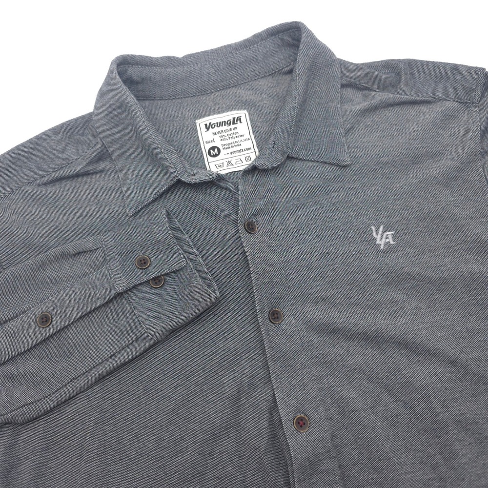 YoungLA Mens Gray Long Sleeve Button Down Shirt Size M Textured Knit Logo